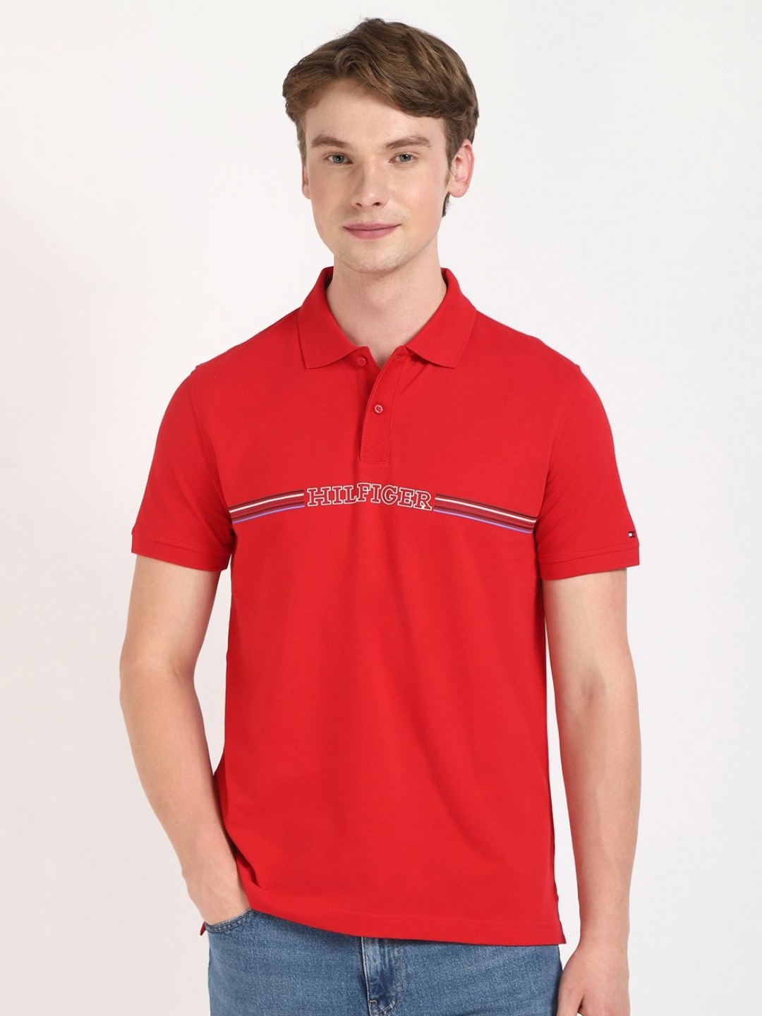 

Tommy Hilfiger Men Striped Polo Collar Cotton T-shirt, Red