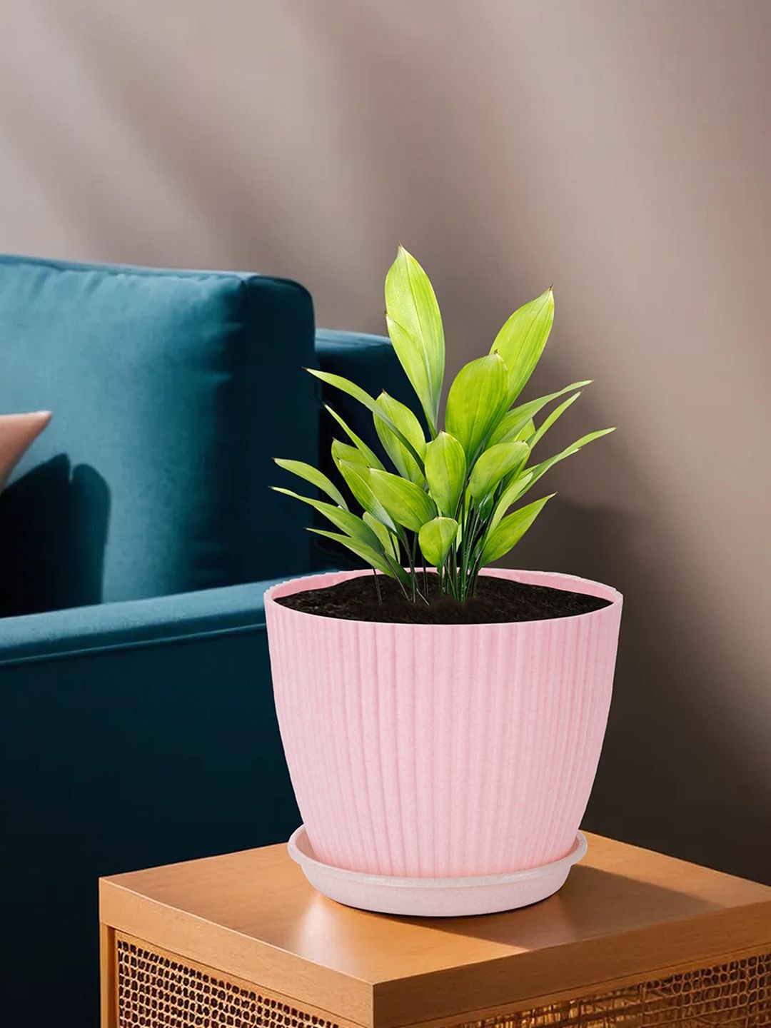 

Kuber Industries Pink Set of 2 Textured Flower Pots with Tray