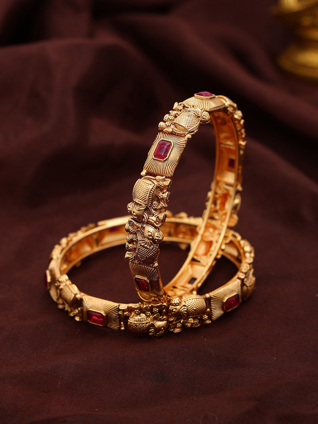 

Exotic India Set Of 2 Stone Studded Elephant Design Brass Bangles, Gold