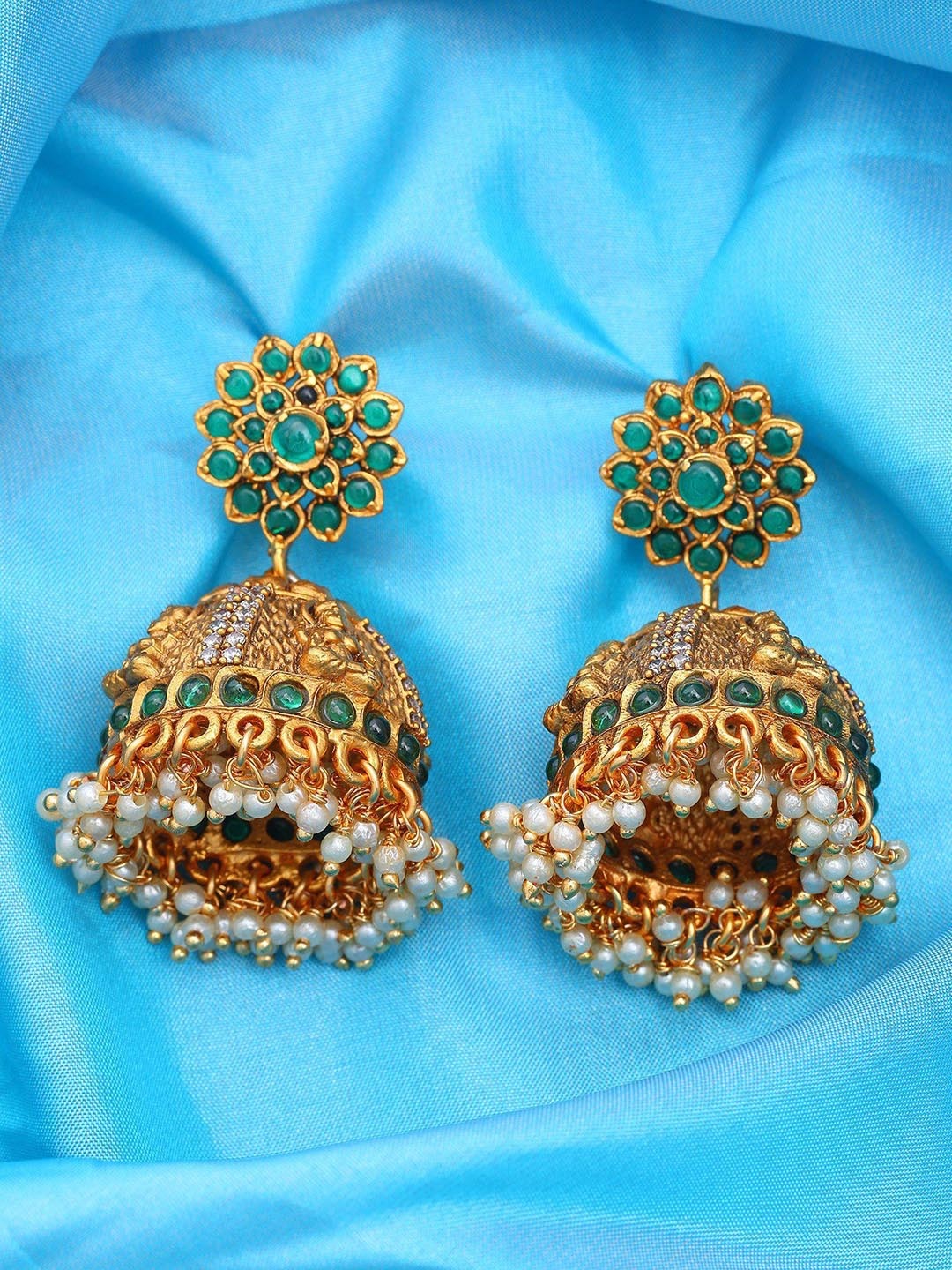 

Exotic India Stone Studded Goddess Lakshmi Engraved Jhumka, Gold