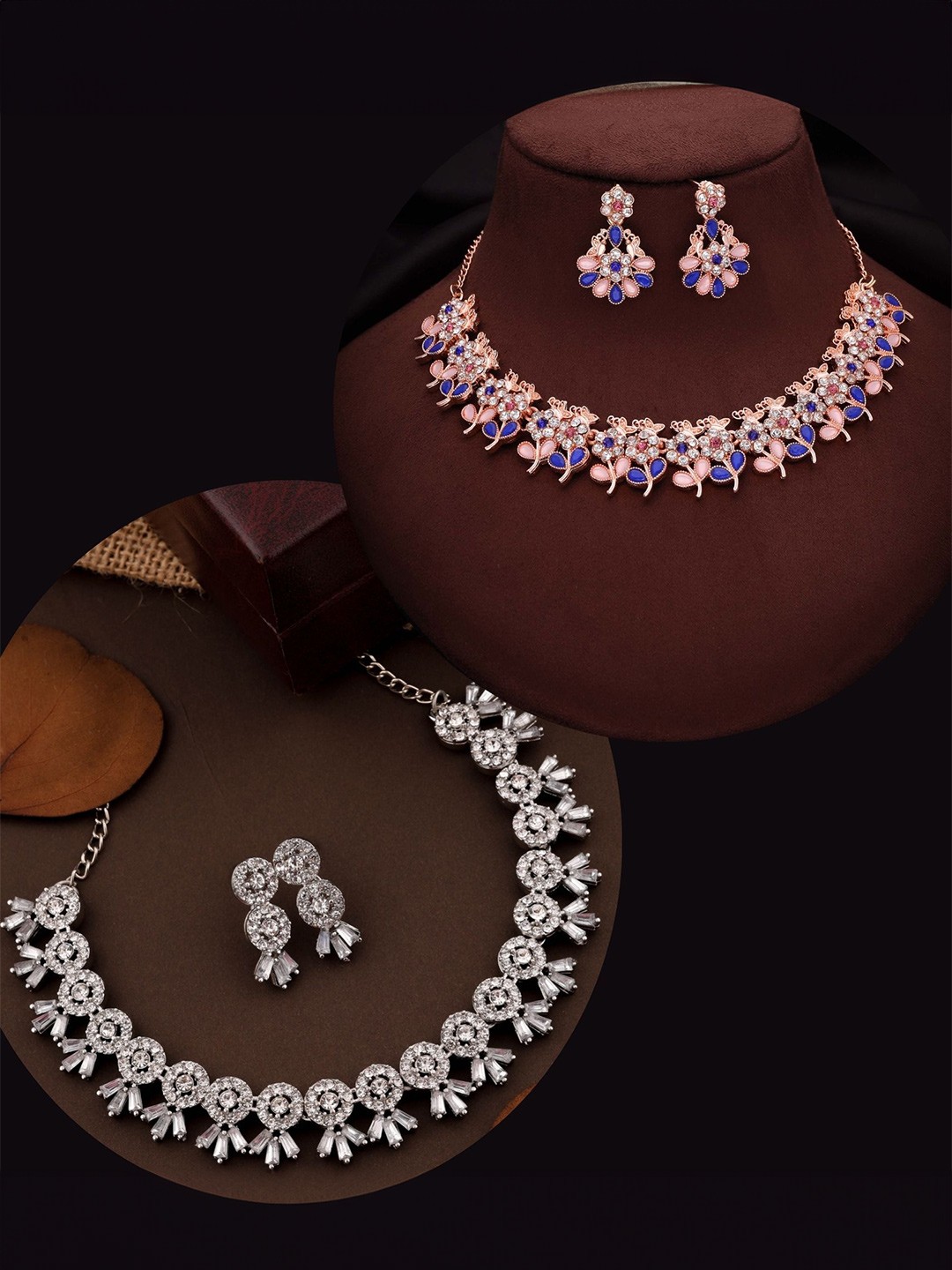

DIVASTRI Set Of 2 Rose Gold & Silver-Plated American Diamonds Studded Jewellery Set