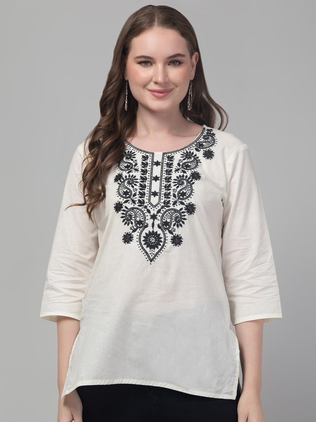 

FAMBEE Floral Embroidered Thread Work Pure Cotton Thread Work Kurti, Off white