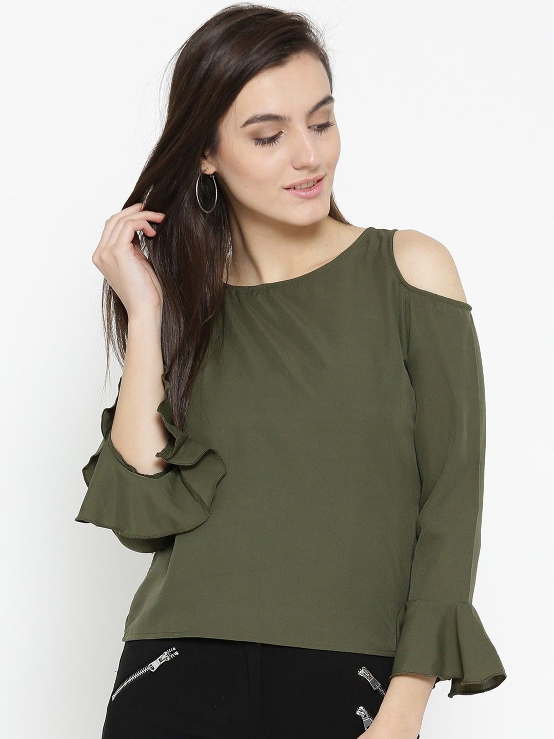 

Moda Rapido Women Cold-Shoulder Crepe Regular Top, Olive