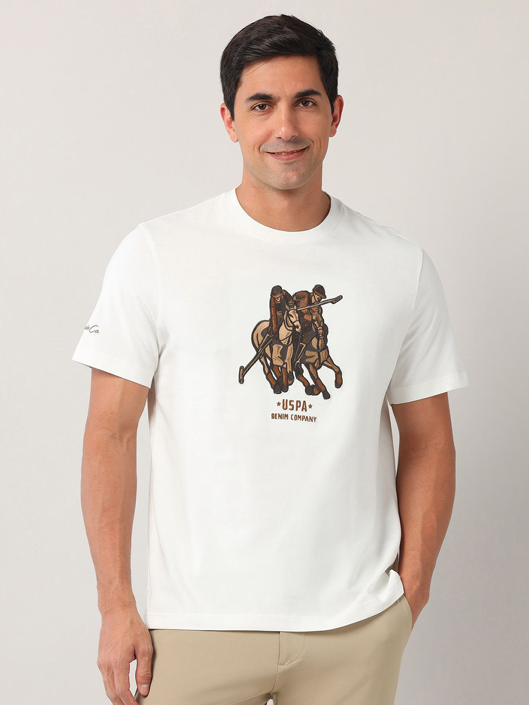 

U.S. Polo Assn. Denim Co. Men Graphic Printed Round Neck Cotton Relaxed Fit T-shirt, White