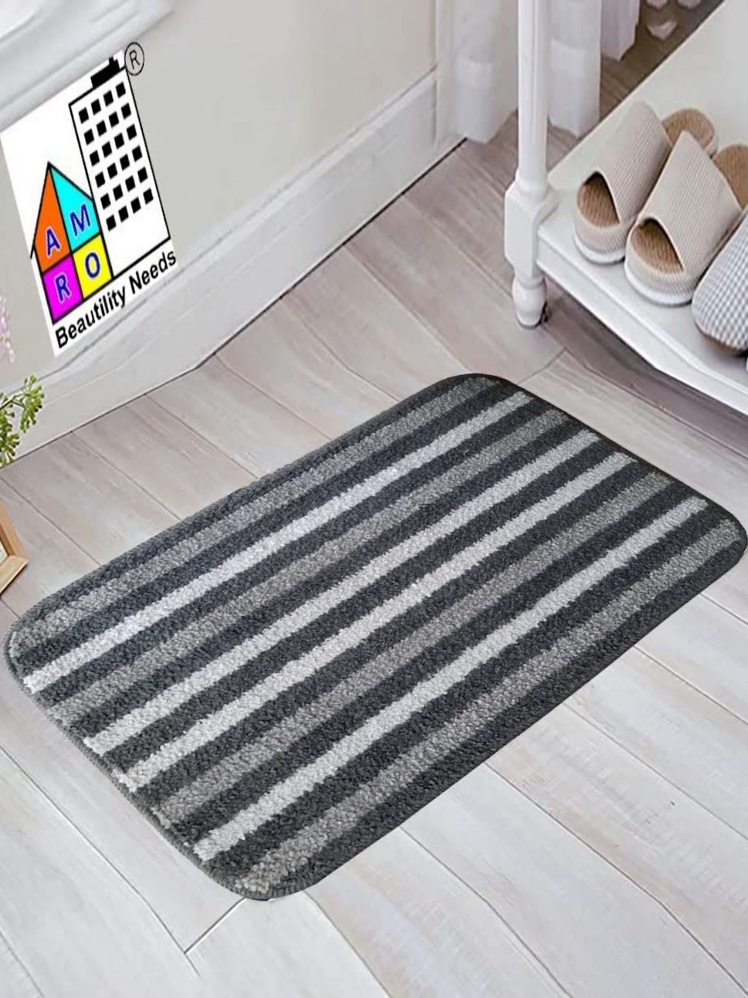 

AMRO BEAUTILITY NEEDS Grey & Black Striped Anti-Skid Waterproof Bath Rug