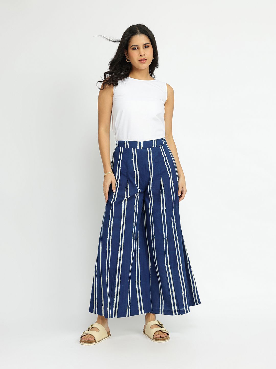 

Pink Fort Women Cotton Dabu Striped Culottes Palazzos, Navy blue