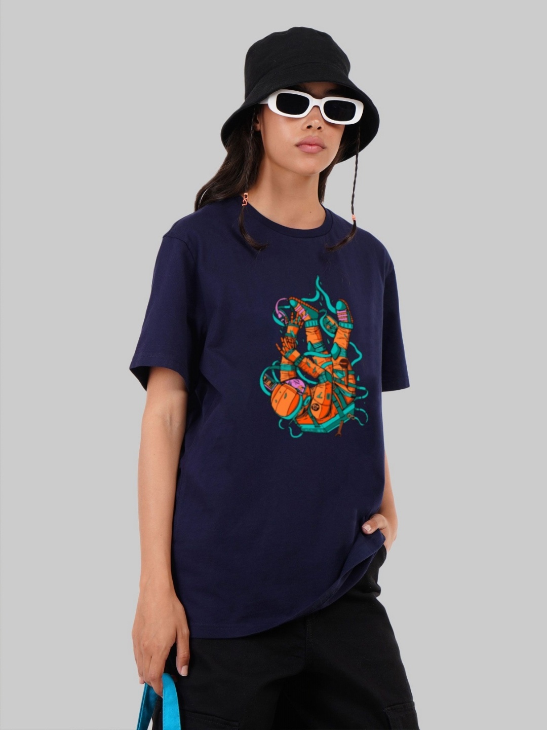 

Underrated Club Women Printed Extended Sleeves Bio Finish T-shirt, Navy blue