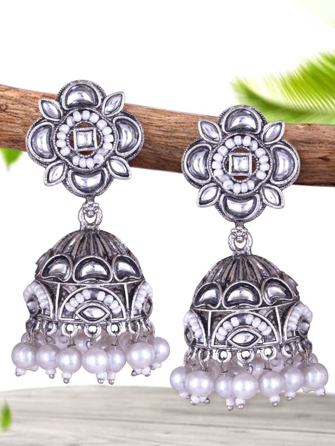 

DIVASTRI Silver-Plated Artificial Stones Studded And Beaded Dome Shaped Oxidised Jhumkas