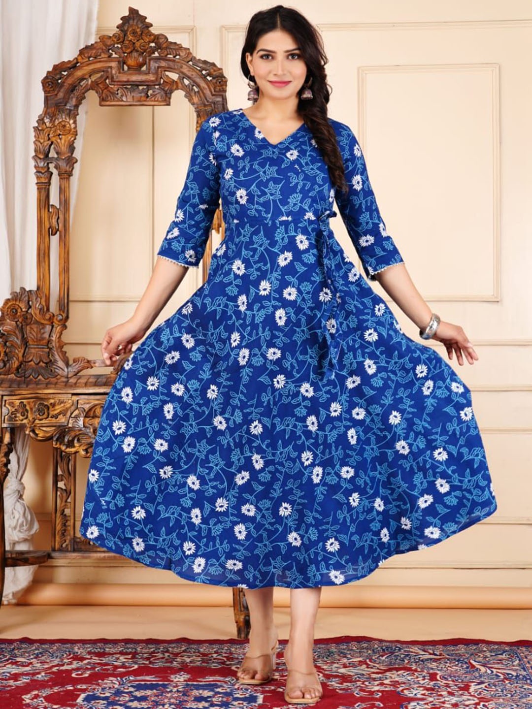 

Divsy Fashion Floral Printed V-Neck Angrakha Style A-Line Ethnic Dress, Blue