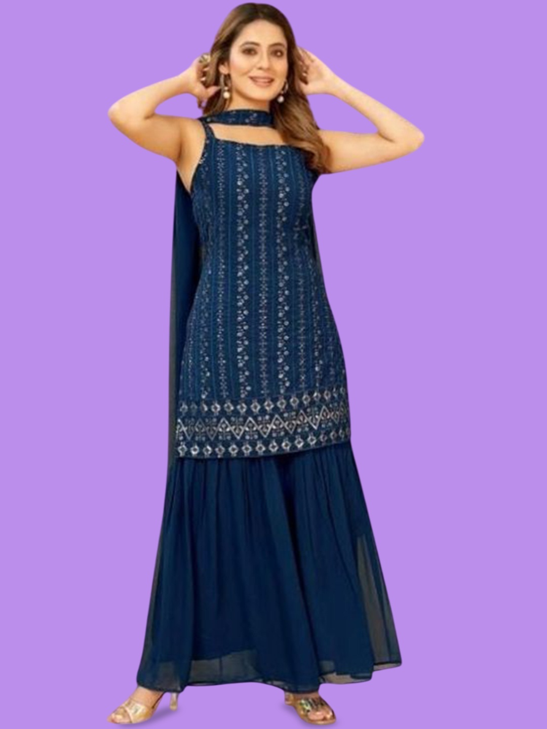 

PARROT CREATION Embroidered Straight Sequinned Kurti With Sharara And Dupatta, Navy blue