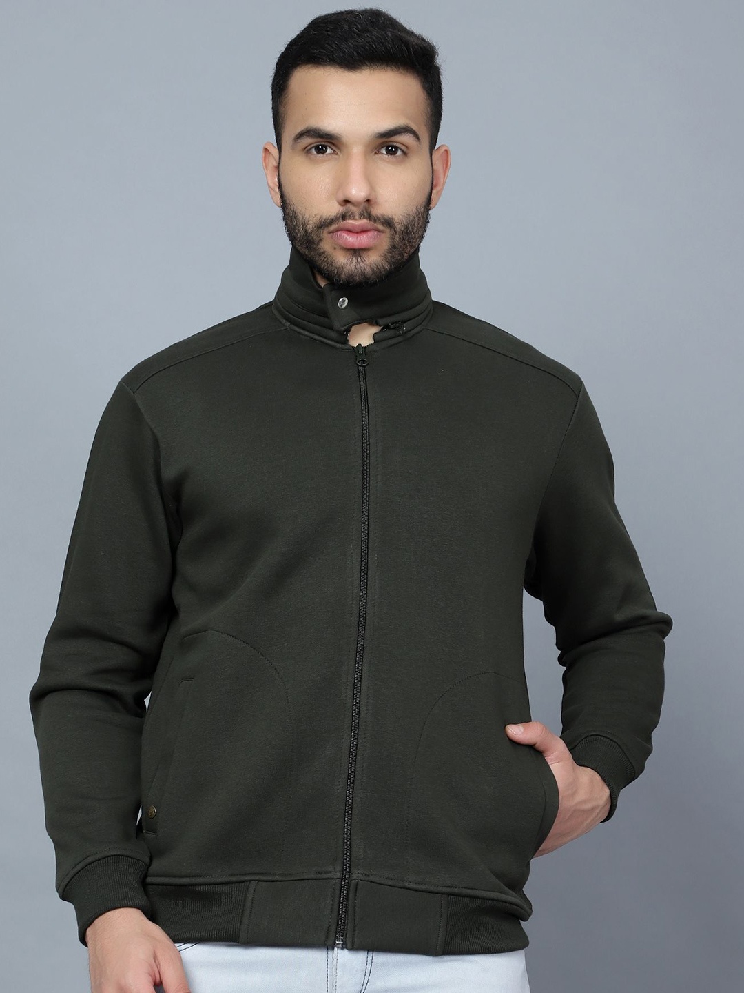

MENTOOS Men Mock Collar Front-Open Sweatshirt, Green
