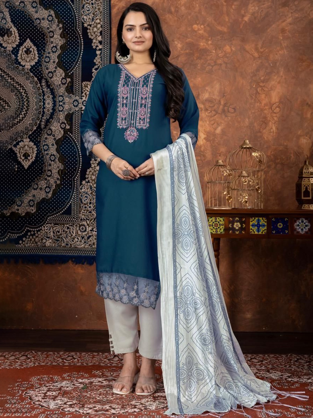 

FVD Floral Embroidered V-Neck Straight Kurta With Trousers & Dupatta, Blue