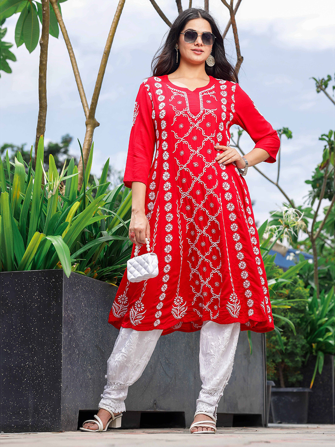 

Club Loom Ethnic Motifs Embroidered Chikankari Anarkali Kurta, Red