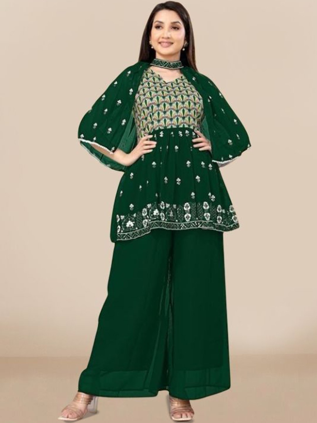 

PARROT CREATION Embroidered Straight Sequinned Kurti With Palazzos And Dupatta, Green