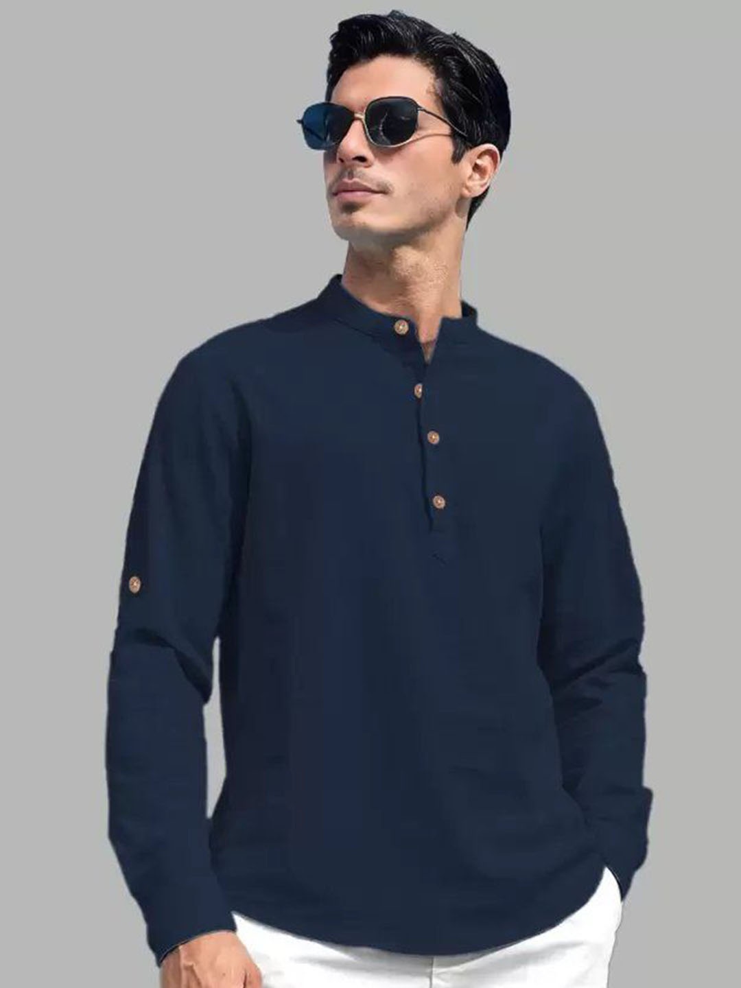 

LIFE ROADS Band Collar Roll-Up Sleeves Pure Cotton Short Kurta, Navy blue
