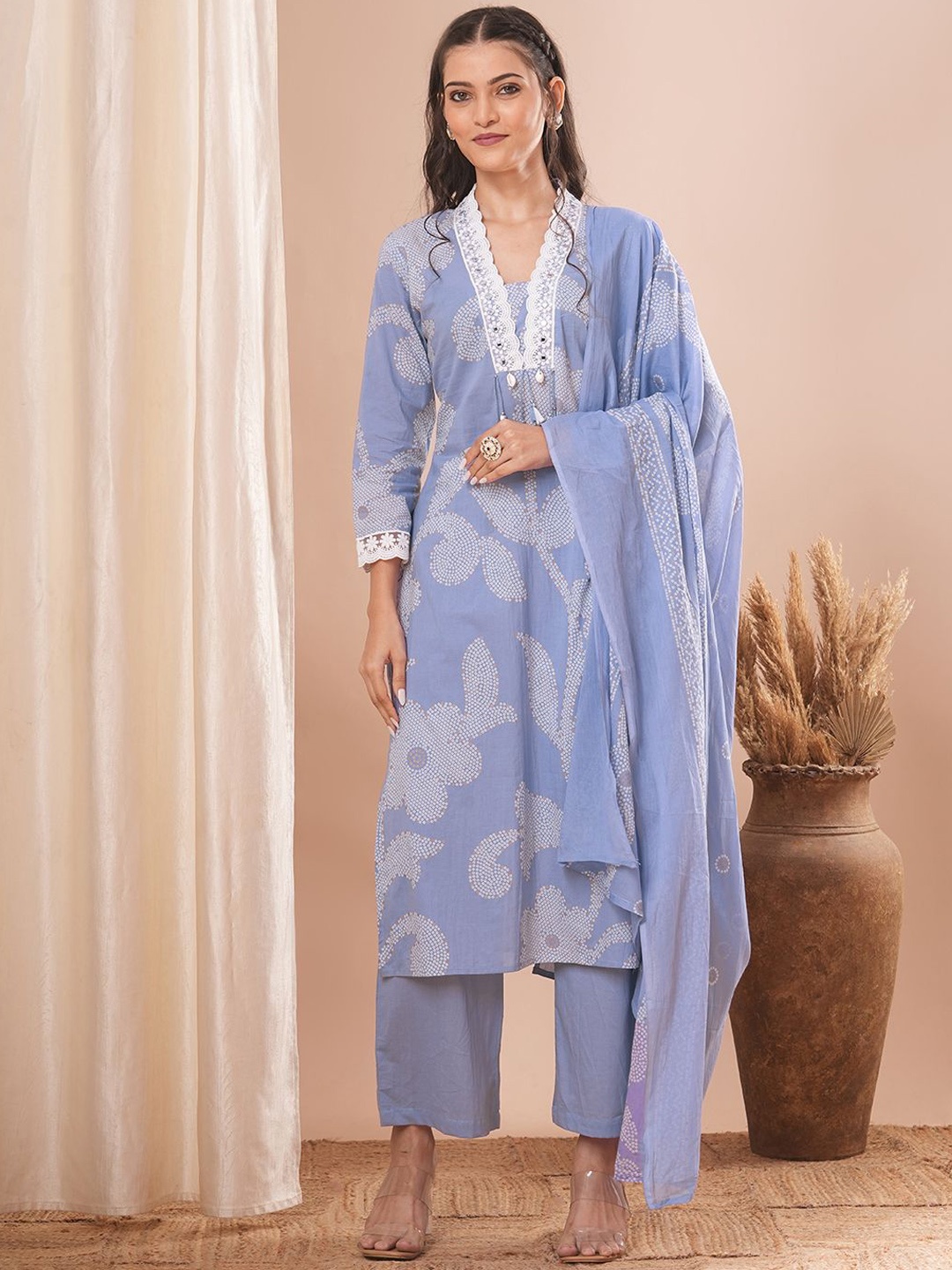 

FASHOR Bandhani Printed V-Neck Mirror Work Cotton Straight Kurta With Palazzos & Dupatta, Lavender