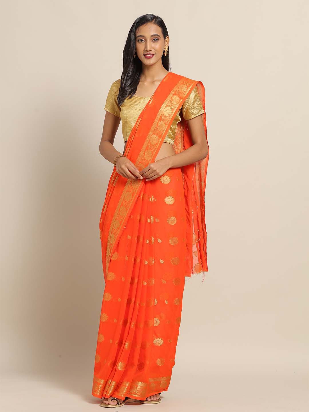 

Mitera Woven Design Zari Saree With Unstitched Blouse Piece, Orange