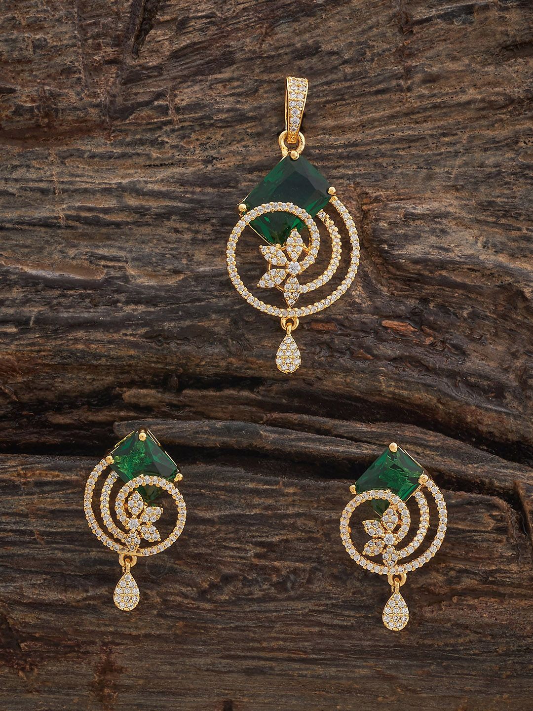 

Kushal's Fashion Jewellery Green Gold-Plated Party Zircon Pendant Set