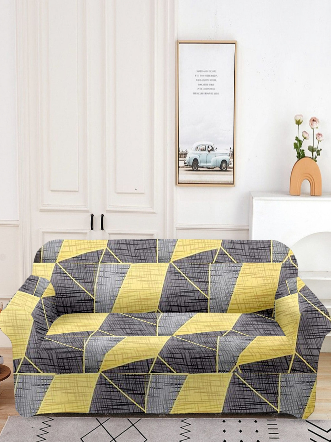 

WOODEN STREET Grey And Yellow Printed 3 Seater Sofa Cover