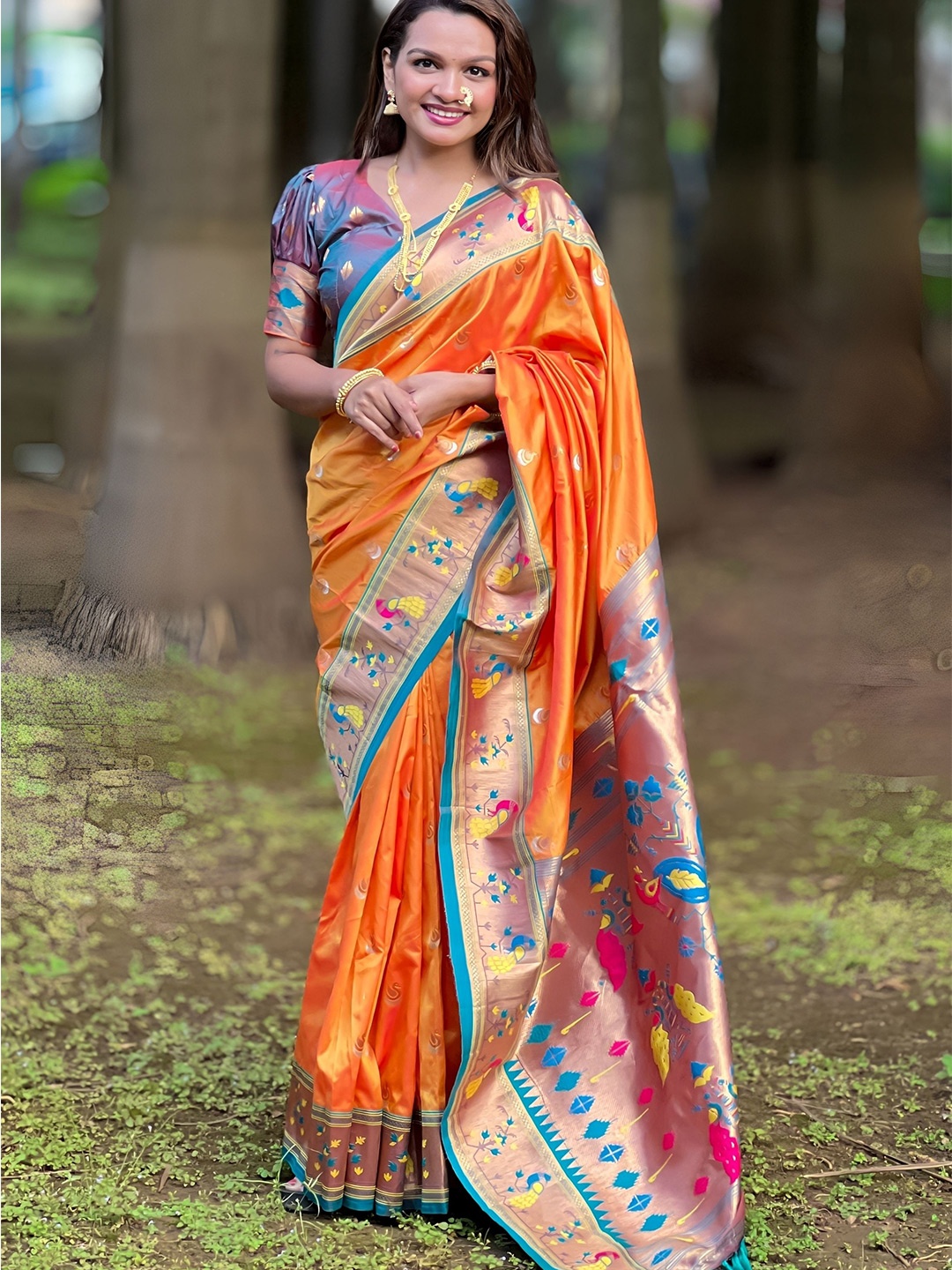 

Vintro Woven Design Zari Silk Blend Paithani Saree, Orange