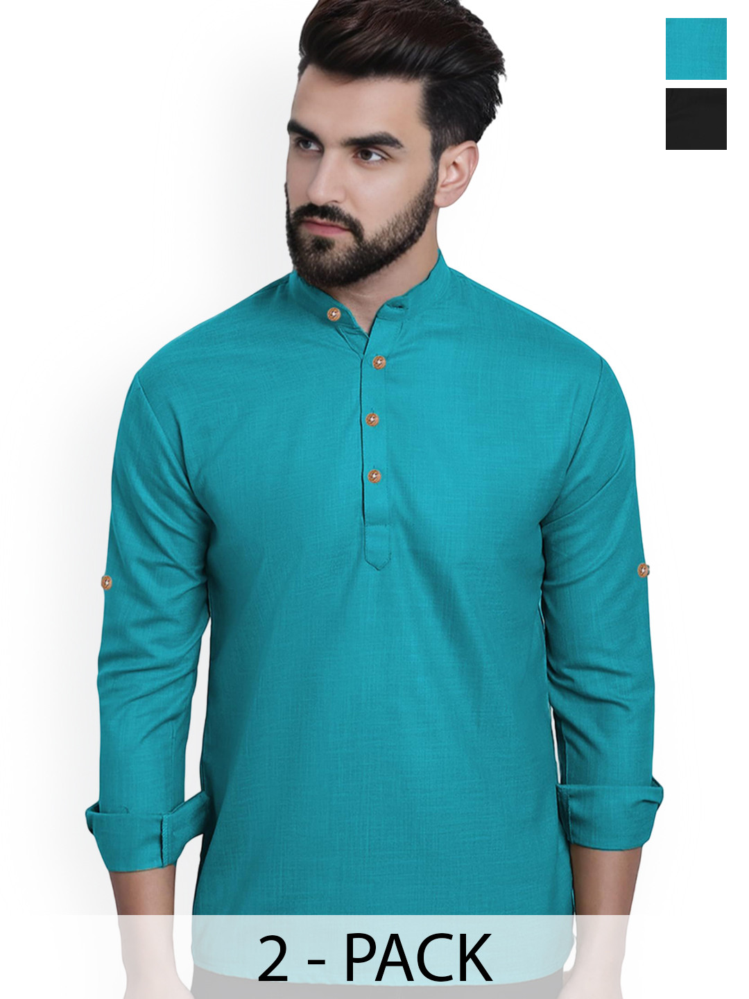 

Vida Loca Pack Of 2 Band Collar Roll-Up Sleeves Cotton Straight Short Kurtas, Blue