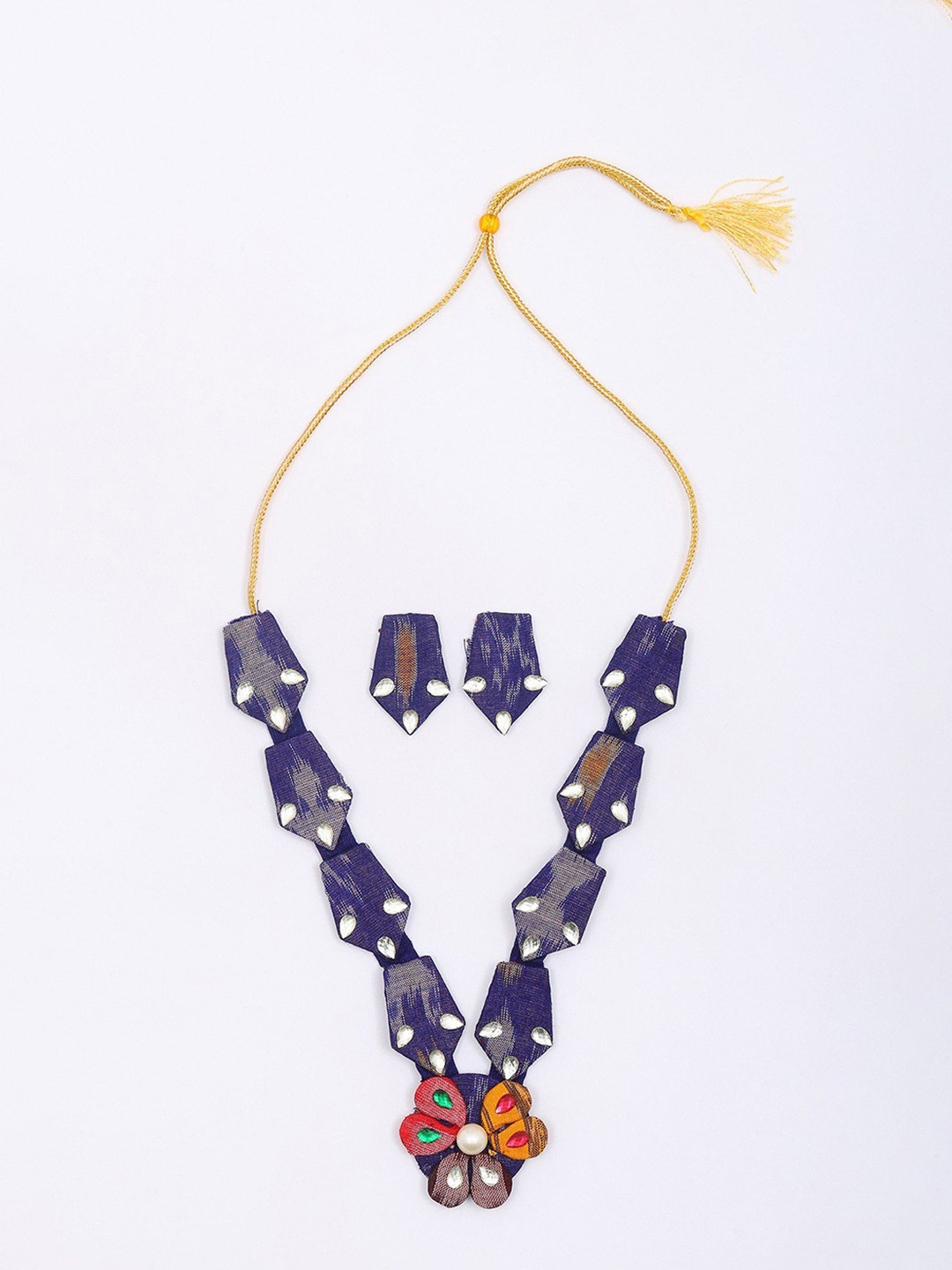 

Exotic India Stone Studded Handloom Sambalpuri Fabric Necklace and Earrings Set, Gold