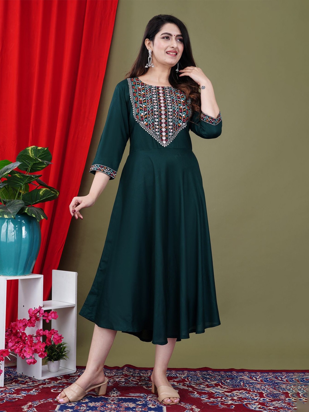 

GUDWEARS Embroidered Fit & Flare Midi Dress, Green