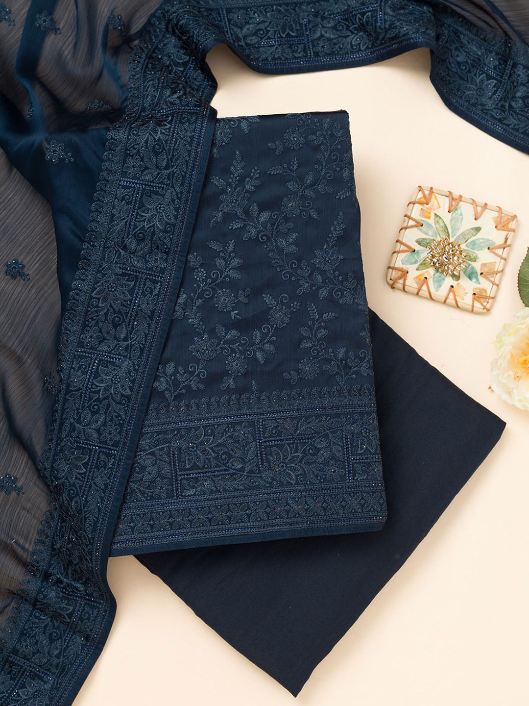 

Koskii Floral Embroidered Unstitched Dress Material, Blue