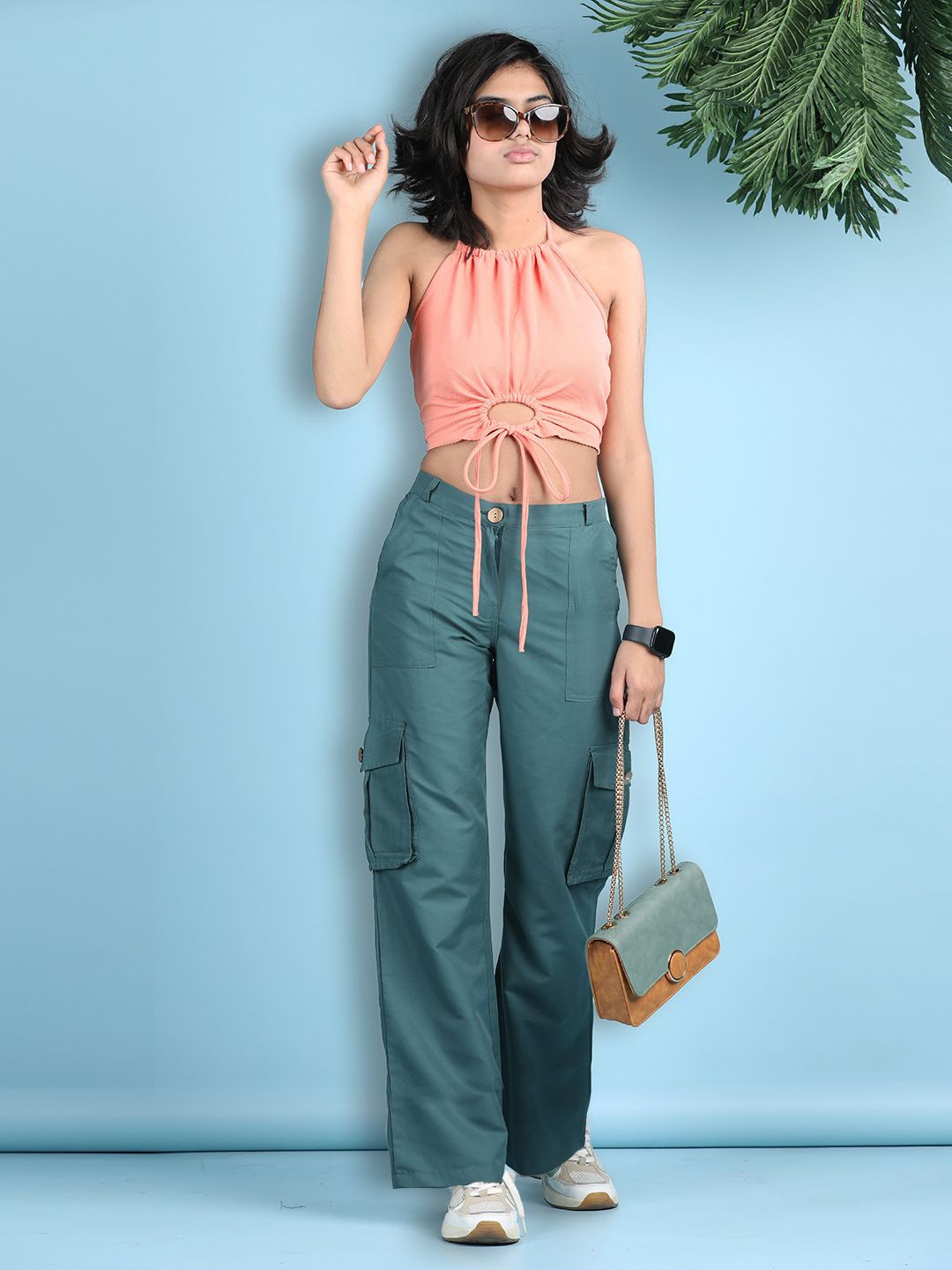 

Cutiekins Girls Halter Neck Crop Top With Cargo Trousers, Peach