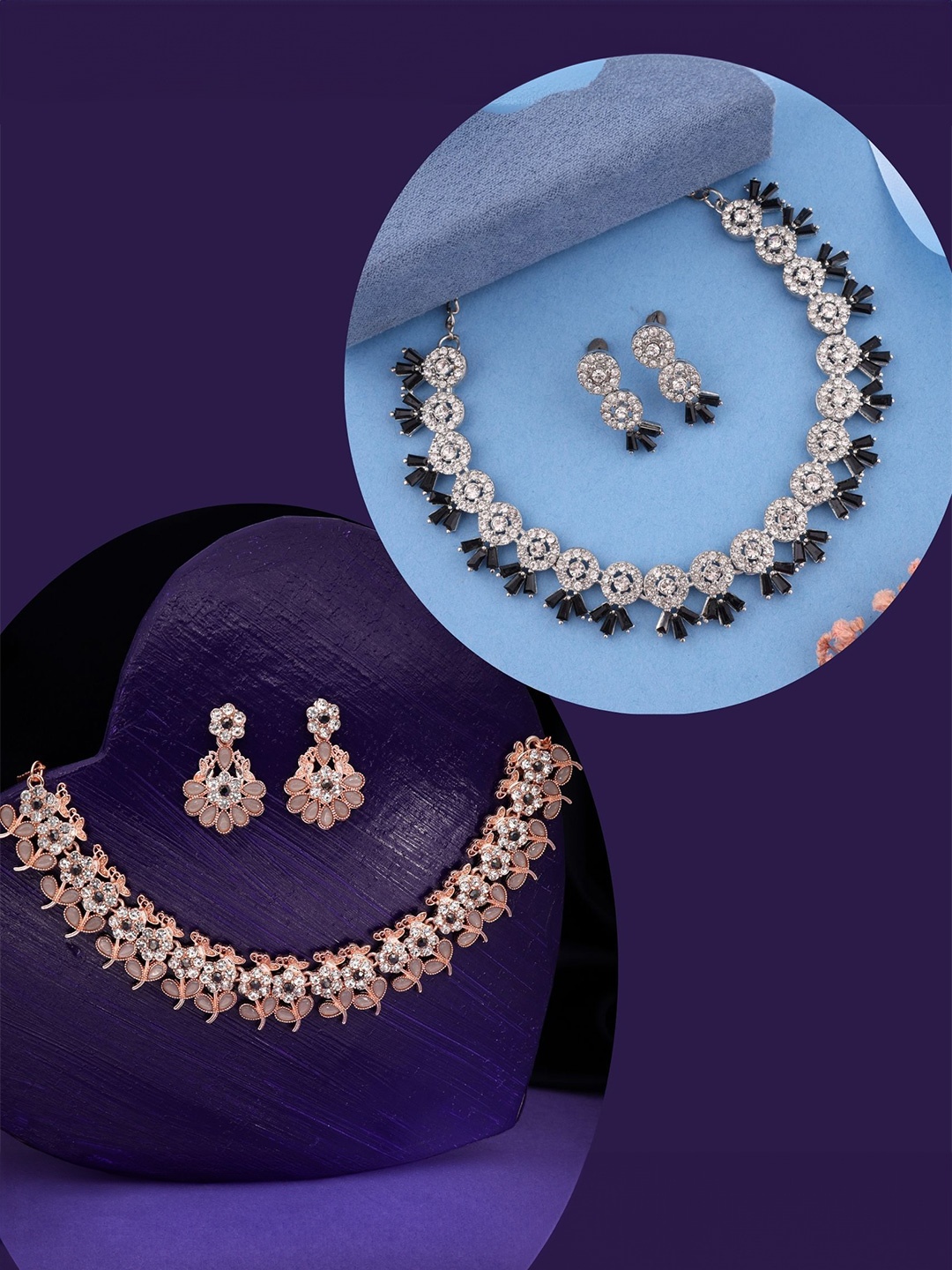 

DIVASTRI Set Of 2 Silver-Plated American Diamond Studded Jewellery Set