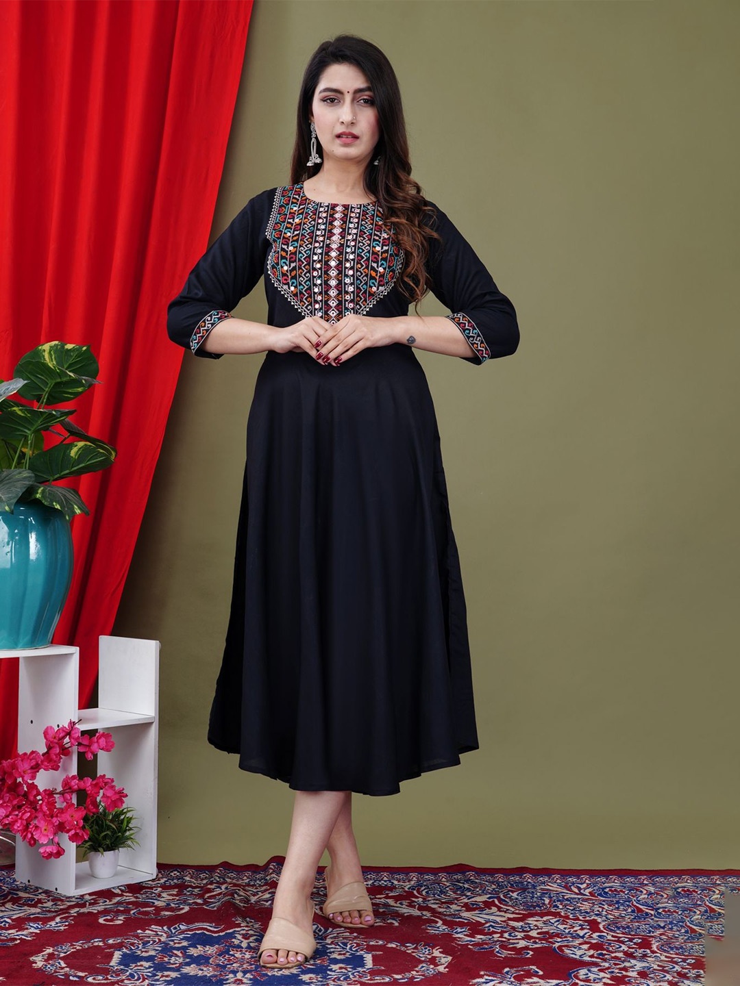 

GUDWEARS Embroidered Fit & Flare Midi Dress, Black