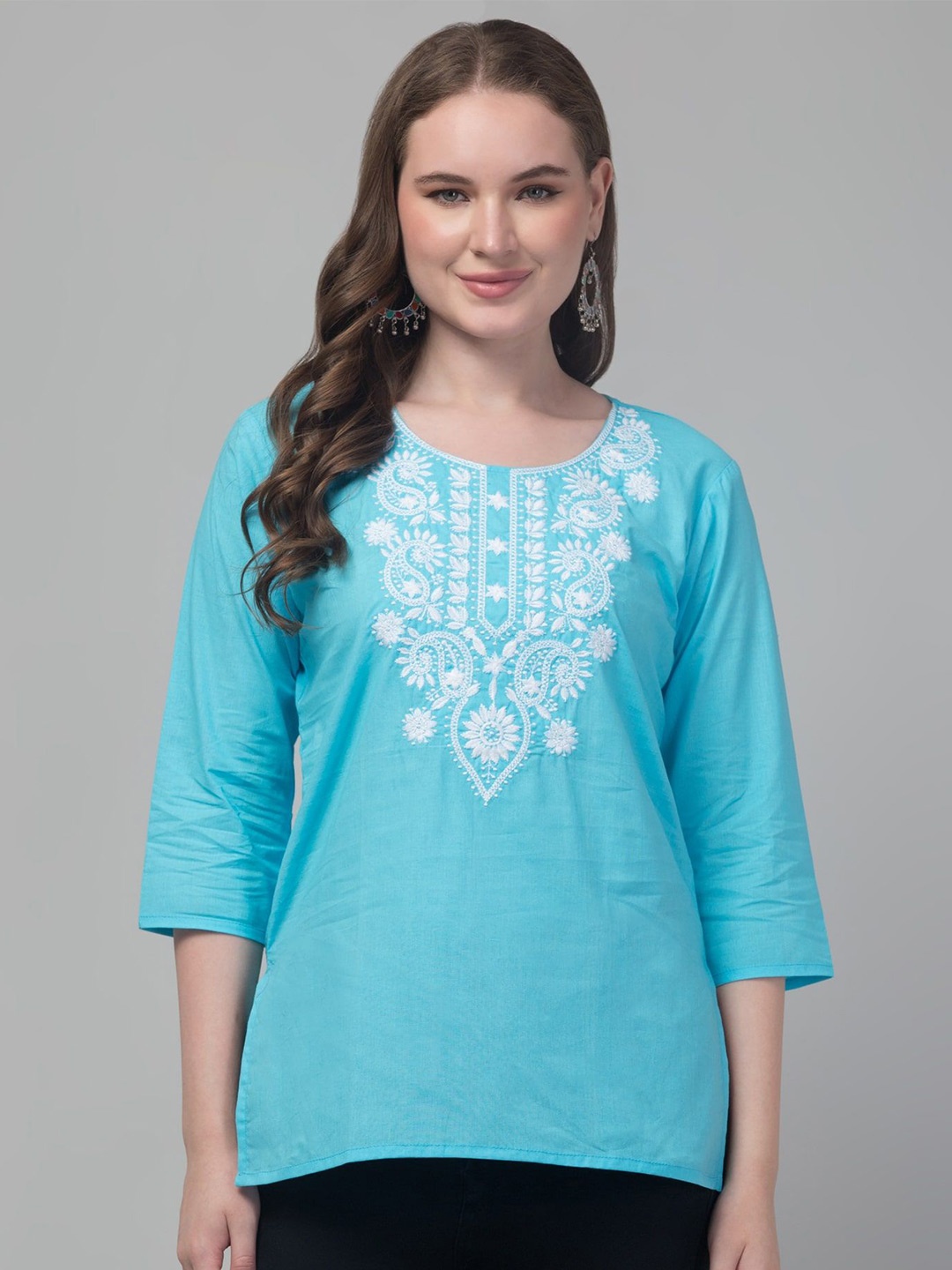 

FAMBEE Women Floral Embroidered Pure Cotton Thread Work Kurti, Turquoise blue