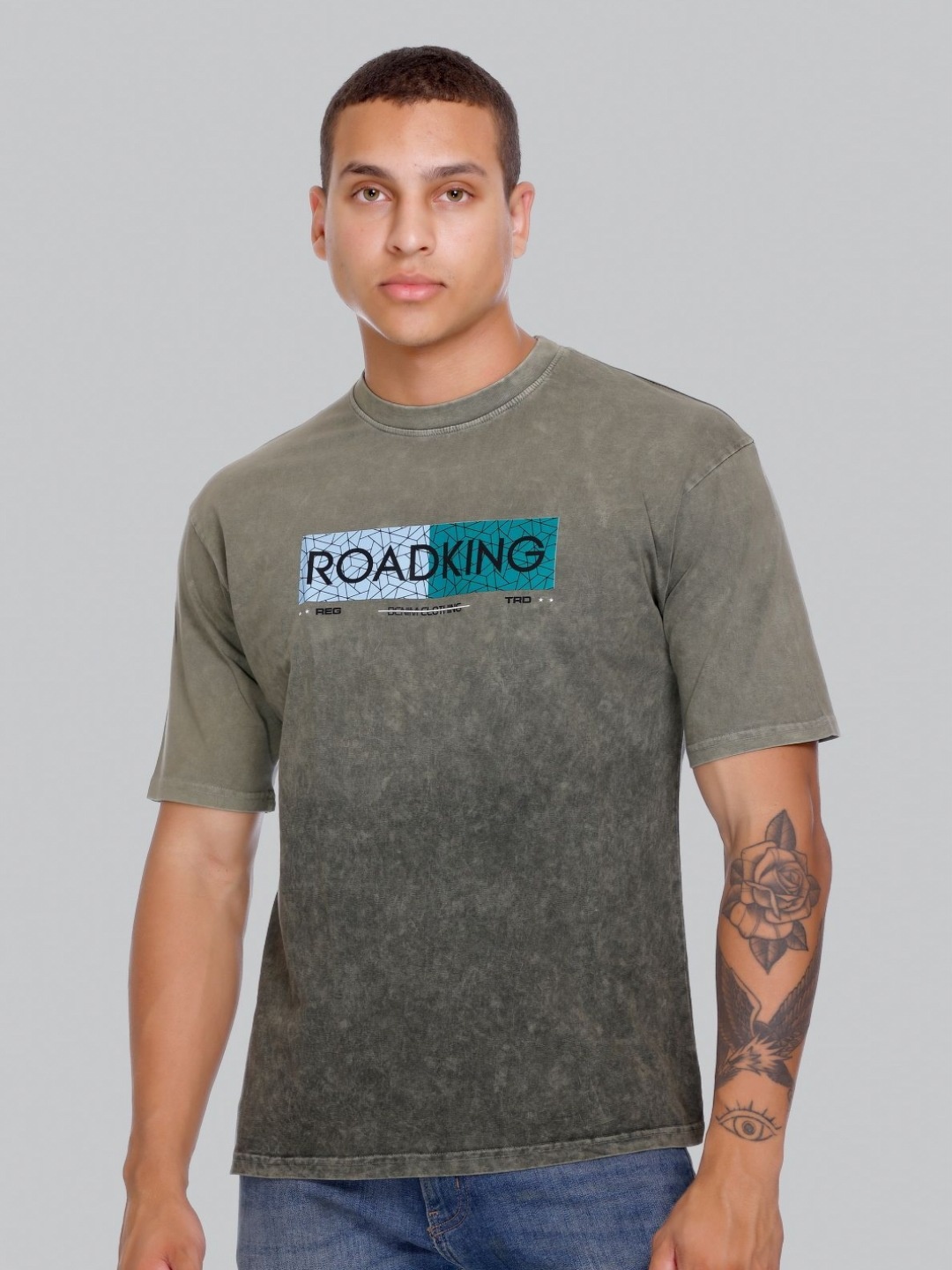 

Roadking Men Typography Printed Round Neck Cotton T-shirt, Grey