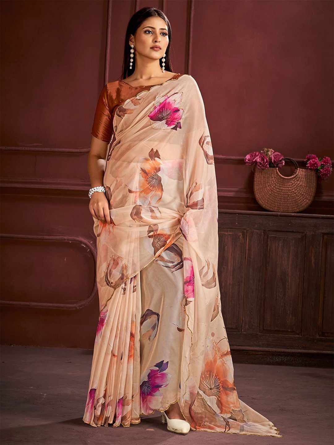 

Anouk Floral Zardozi Organza Saree, Orange