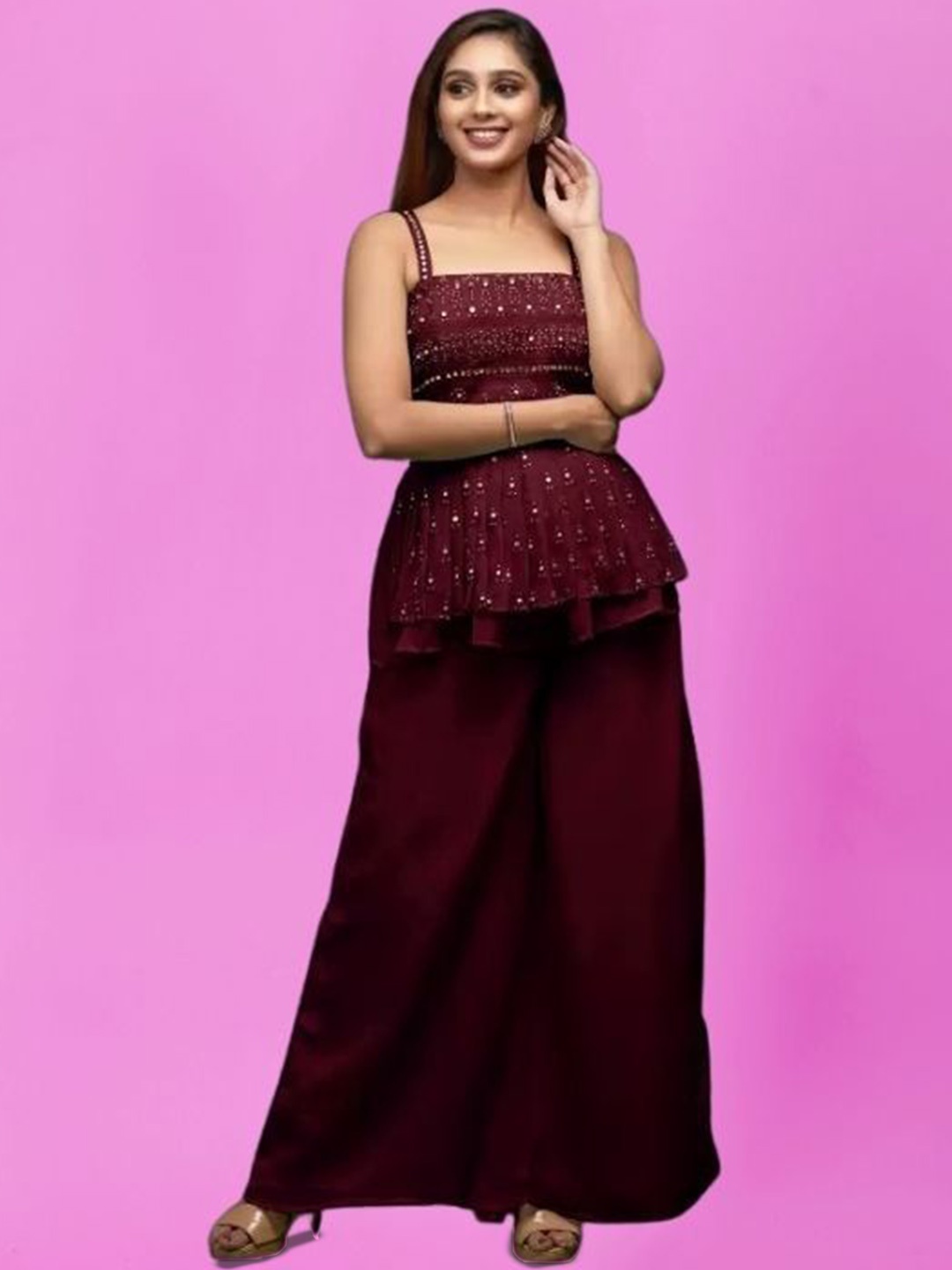 

PARROT CREATION Floral Embroidered Sequinned Georgette Kurti With Palazzos And Dupatta, Maroon