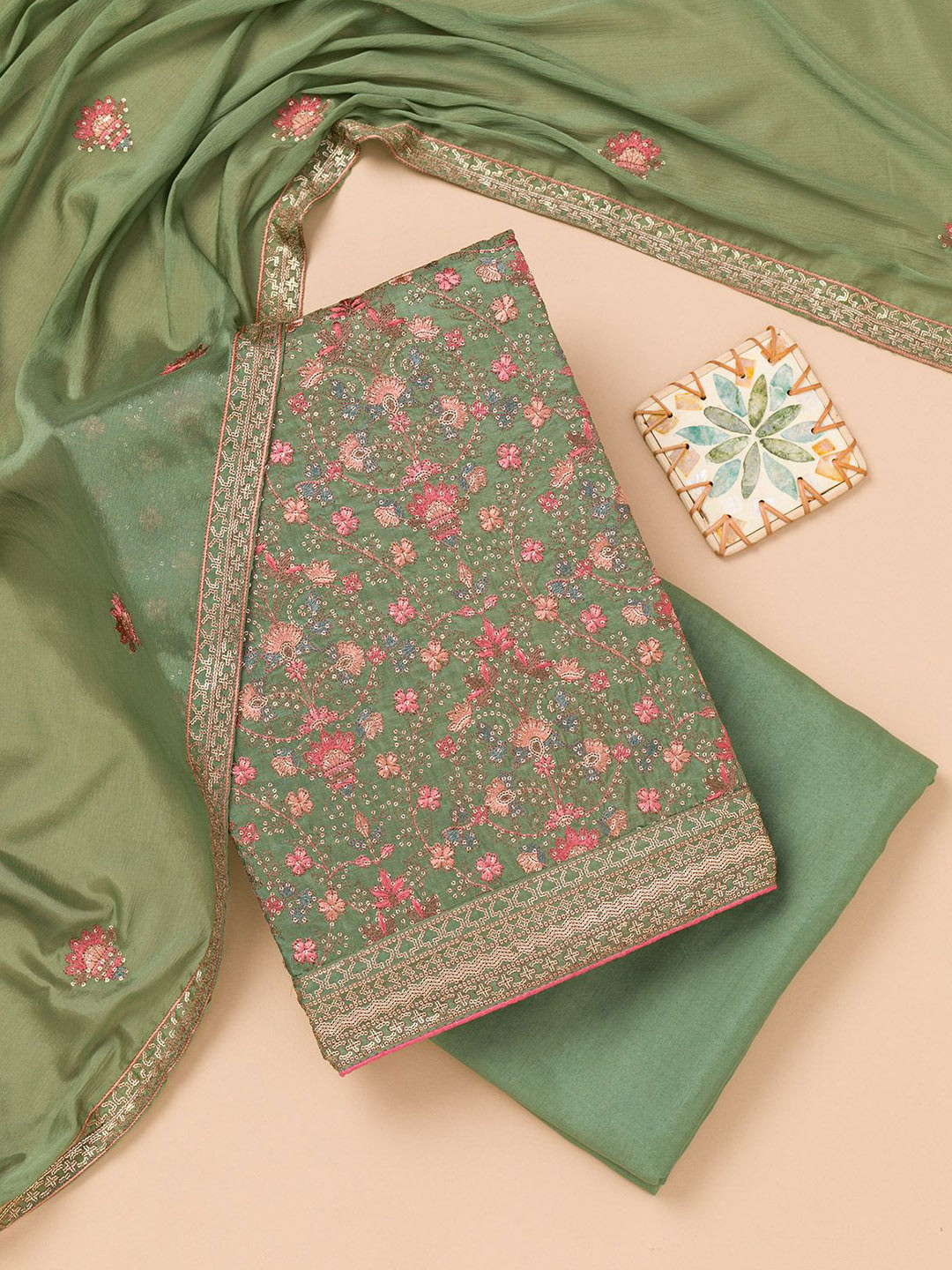 

Koskii Floral Embroidered Sequinned Unstitched Dress Material, Green