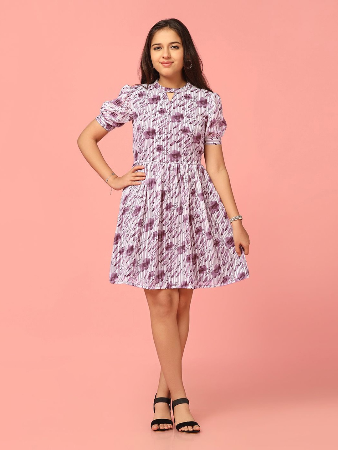 

YK Girls Floral Printed Keyhole Neck Puff Sleeve Fit & Flare Dress, White
