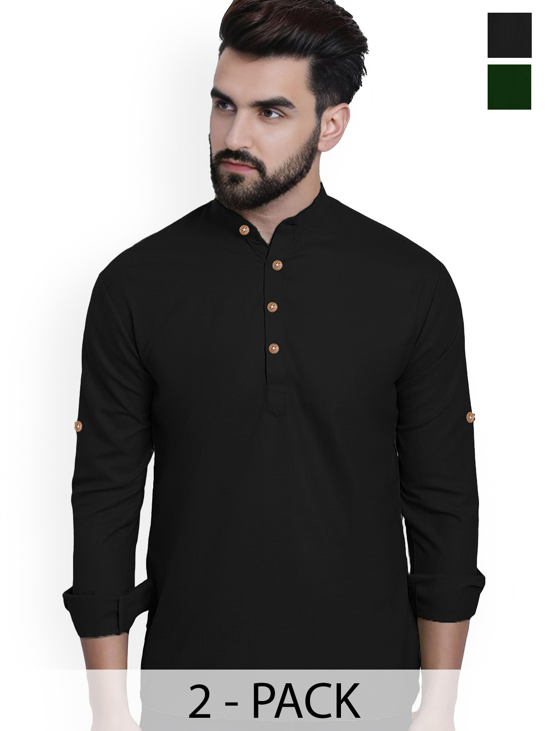 

Vida Loca Selection Of 2 Band Collar Rolled-Up Sleeves Pure Cotton Slim Fit Kurtas, Black