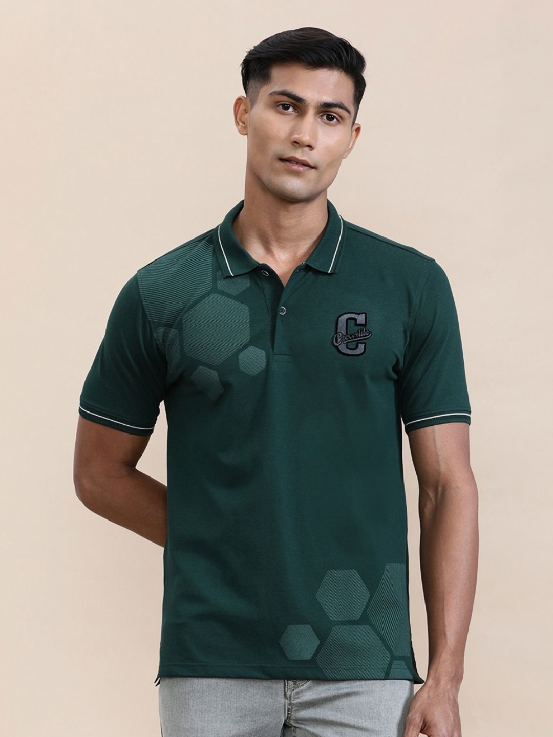 

Crocodile Men Chenille Embroidery Lycra Slim Fit Polo T-shirt, Green