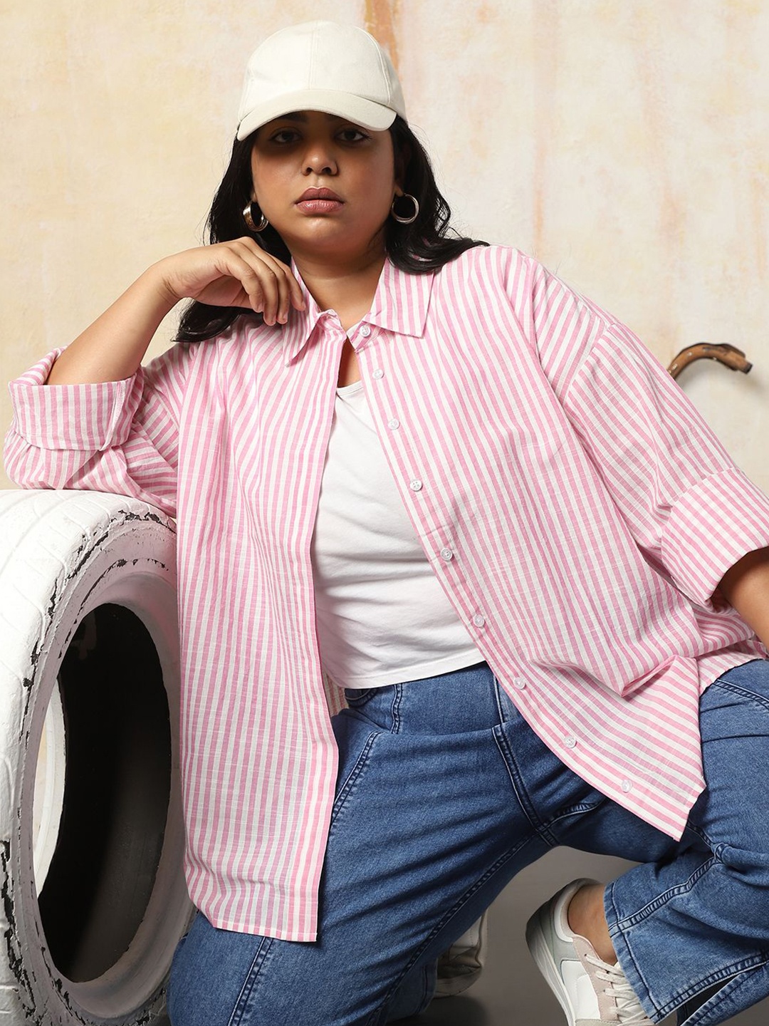 

Freeform by High Star Women Oversized Fit Opaque Casual Cotton Striped Shirt, Pink