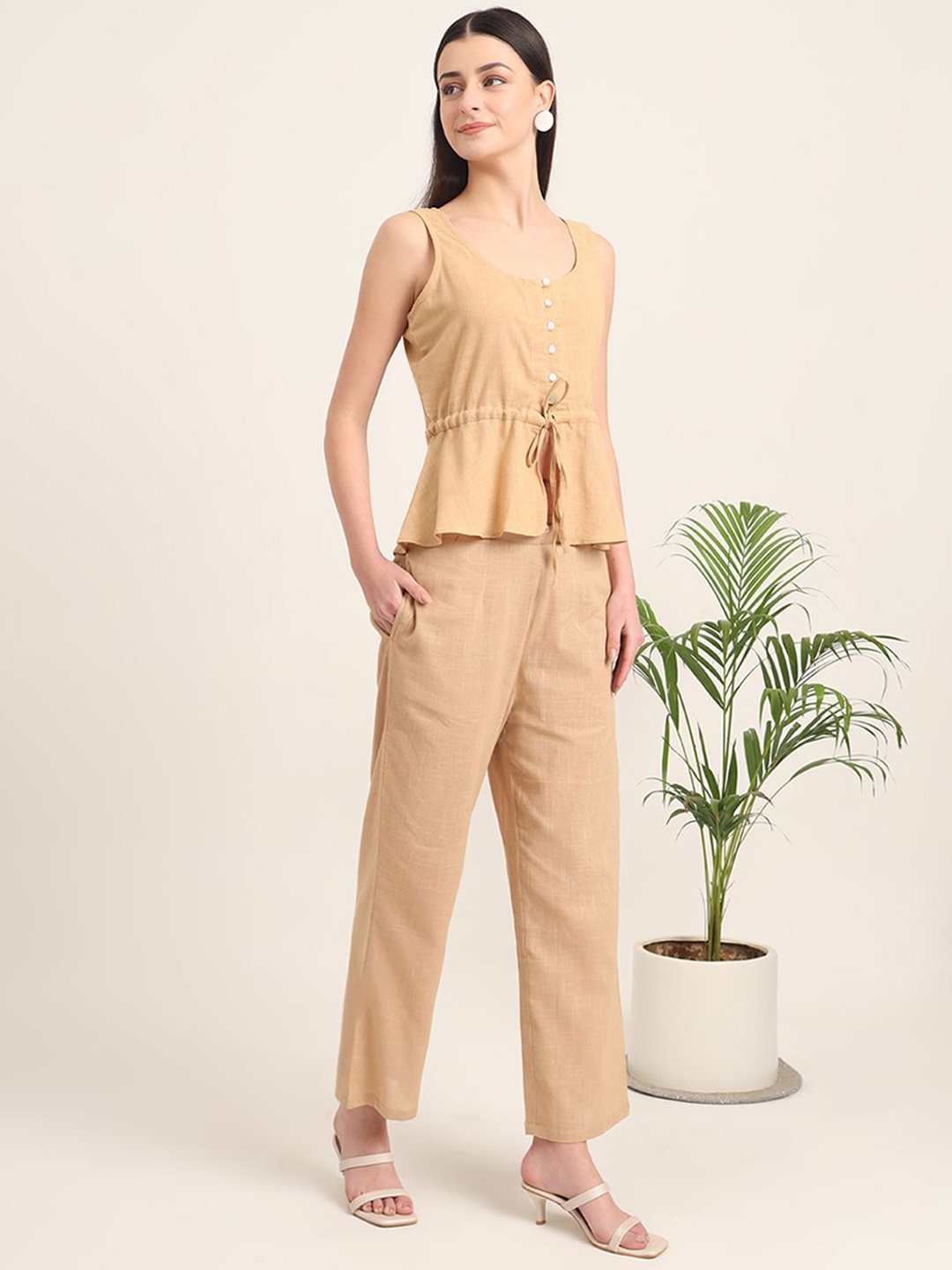 

Thevasa Scoop Neck Peplum Pure Cotton Top, Beige