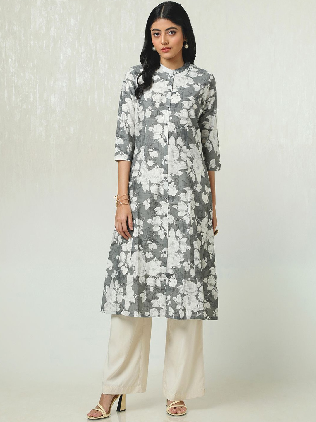 

Soch Floral Printed Mandarin Collar Modal A-Line Kurta, Grey