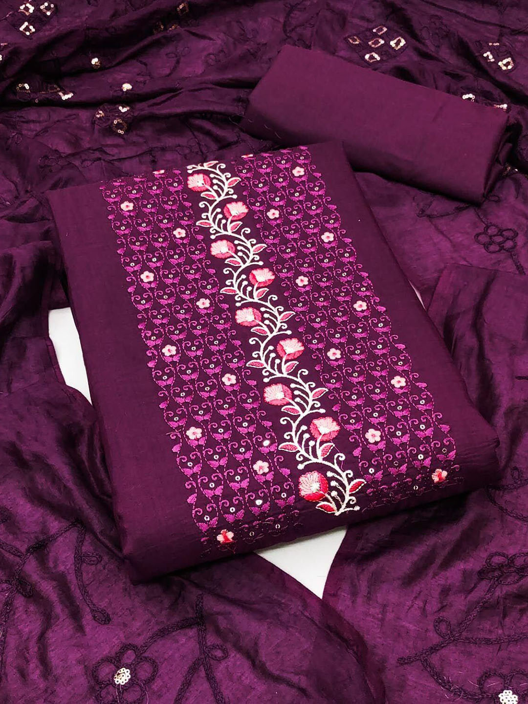 

SAINOOR Floral Embroidered Parampara Silk Unstitched Dress Material, Purple