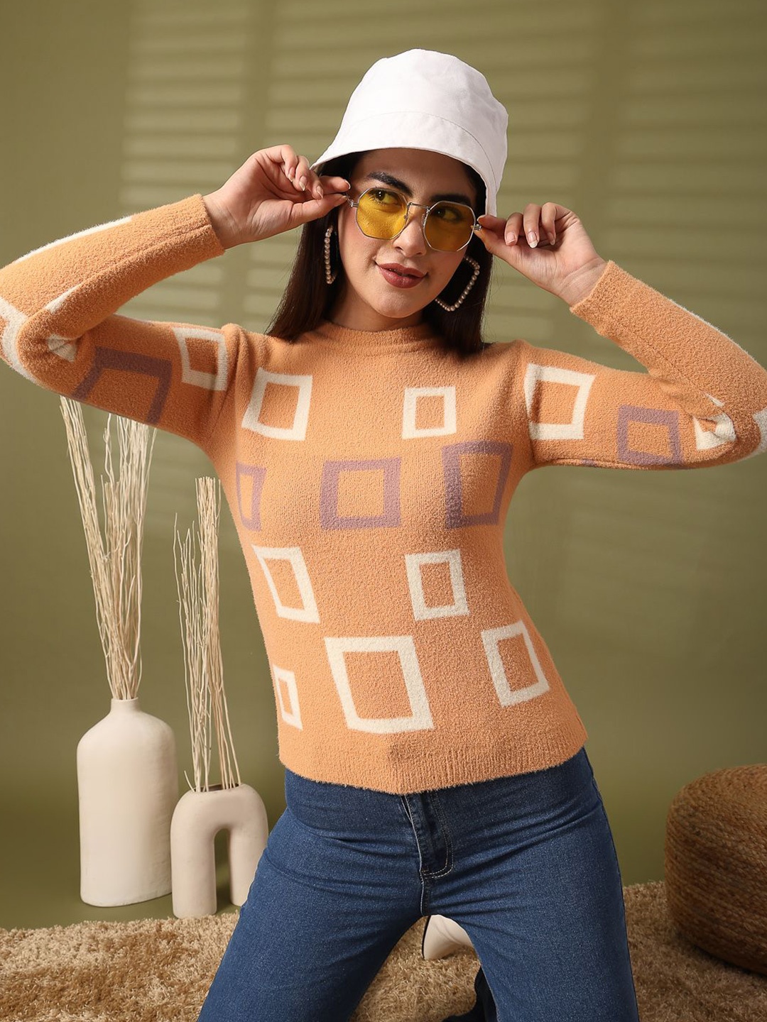 

Moda Rapido Geometric Woollen Top, Beige