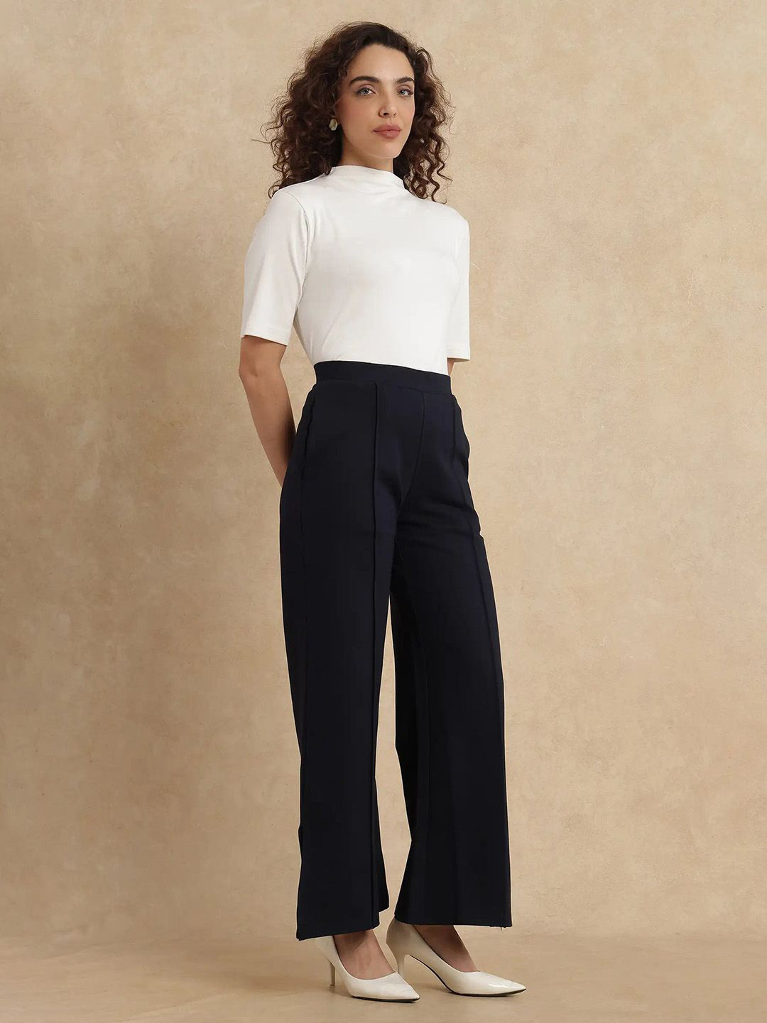 

RAREISM Women Tailored Slim Fit High-Rise Pleated Wide Leg Trousers, Navy blue