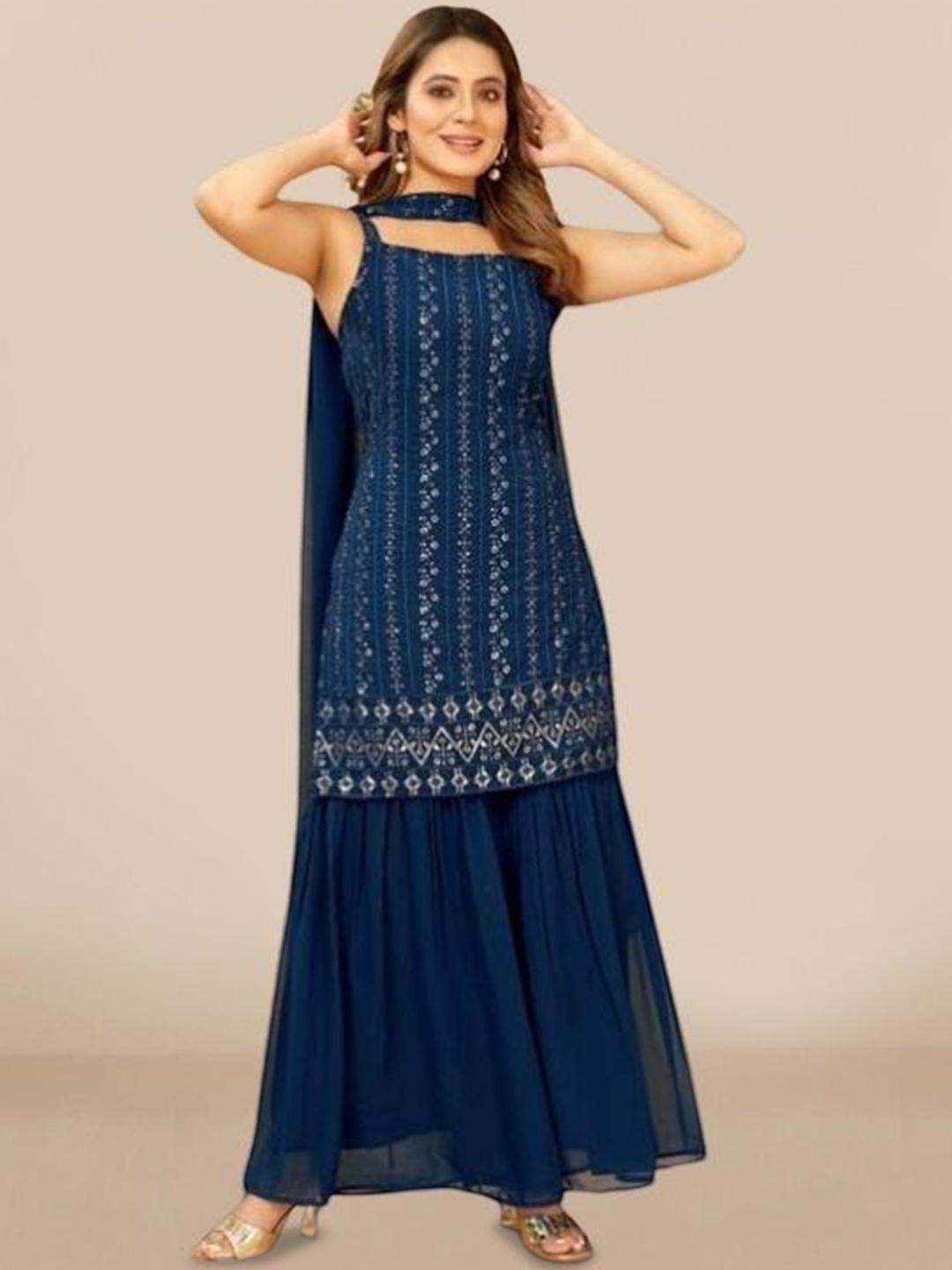 

PARROT CREATION Floral Embroidered Sequinned Georgette Kurti With Sharara And Dupatta, Navy blue