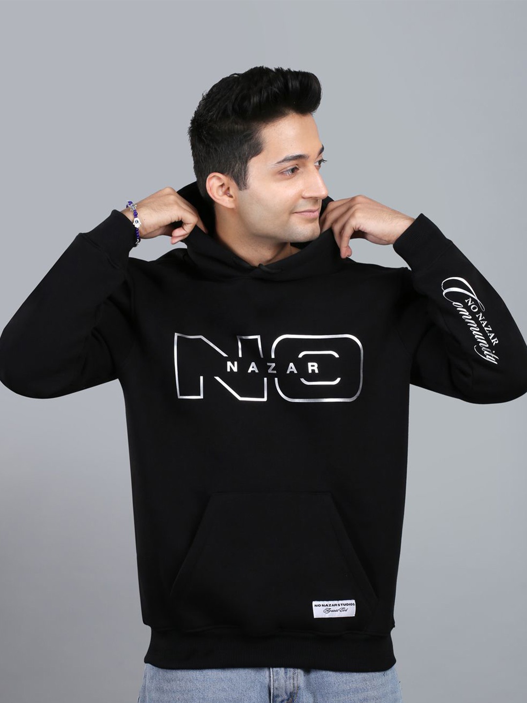 

No Nazar Men Printed Hooded Pullover Cotton Sweatshirt, Black