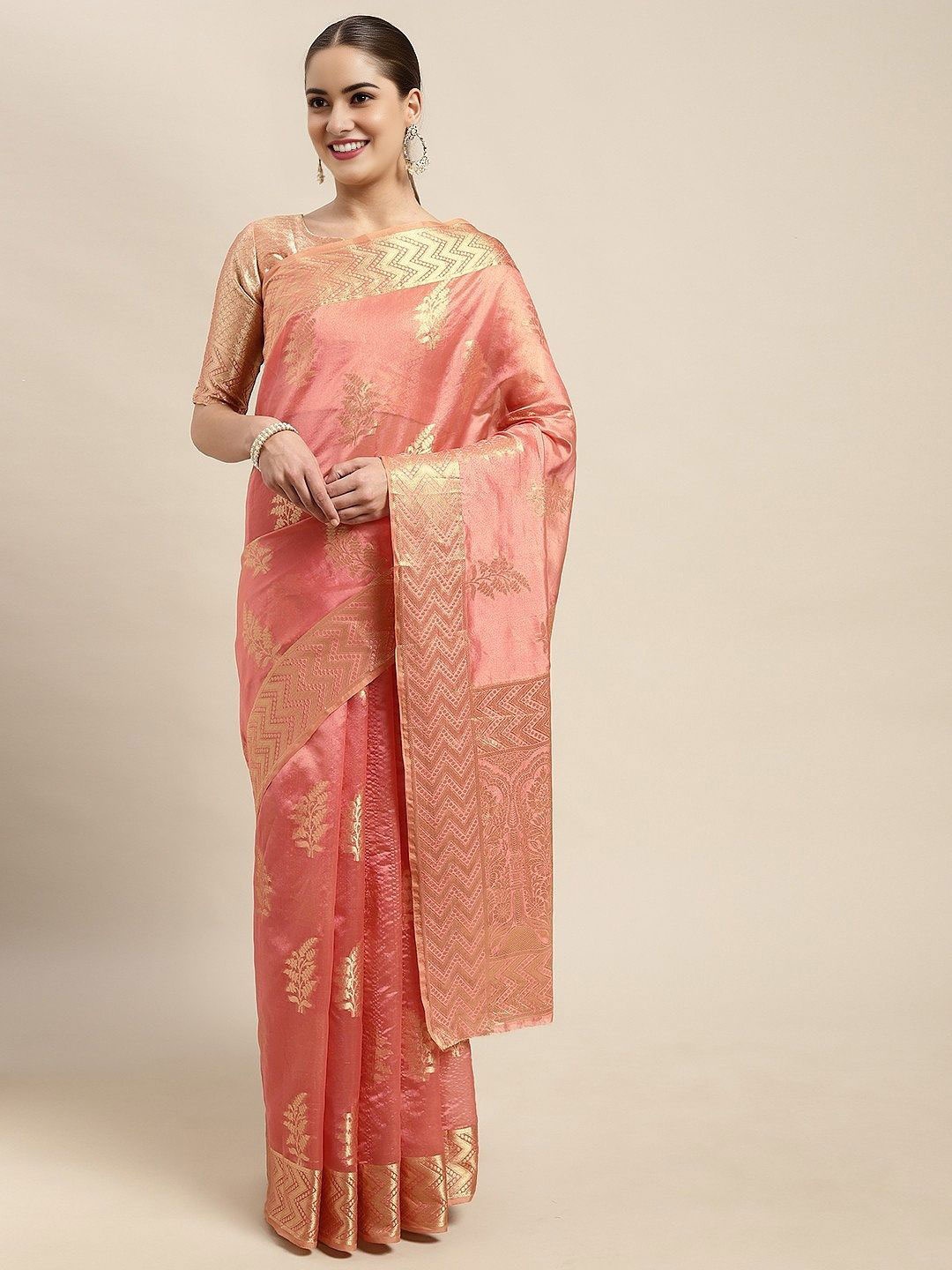 

DIVASTRI Ethnic Motifs Zari Organza Banarasi Saree, Pink