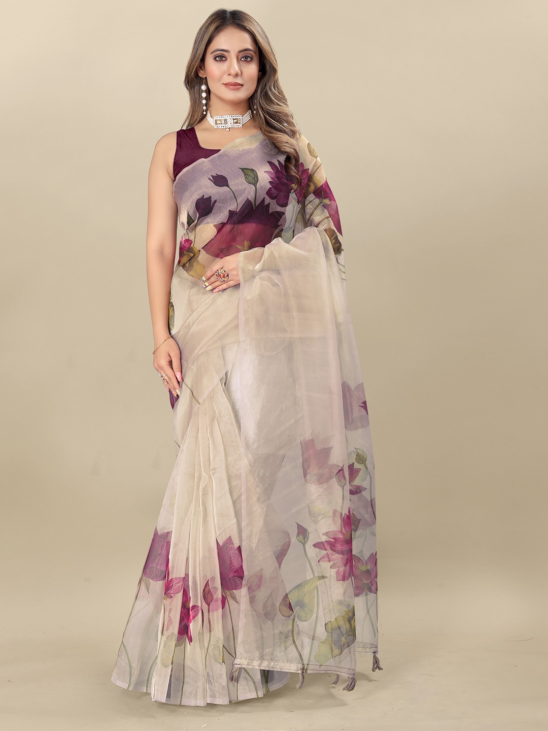 

DIVASTRI Floral Organza Saree, Cream