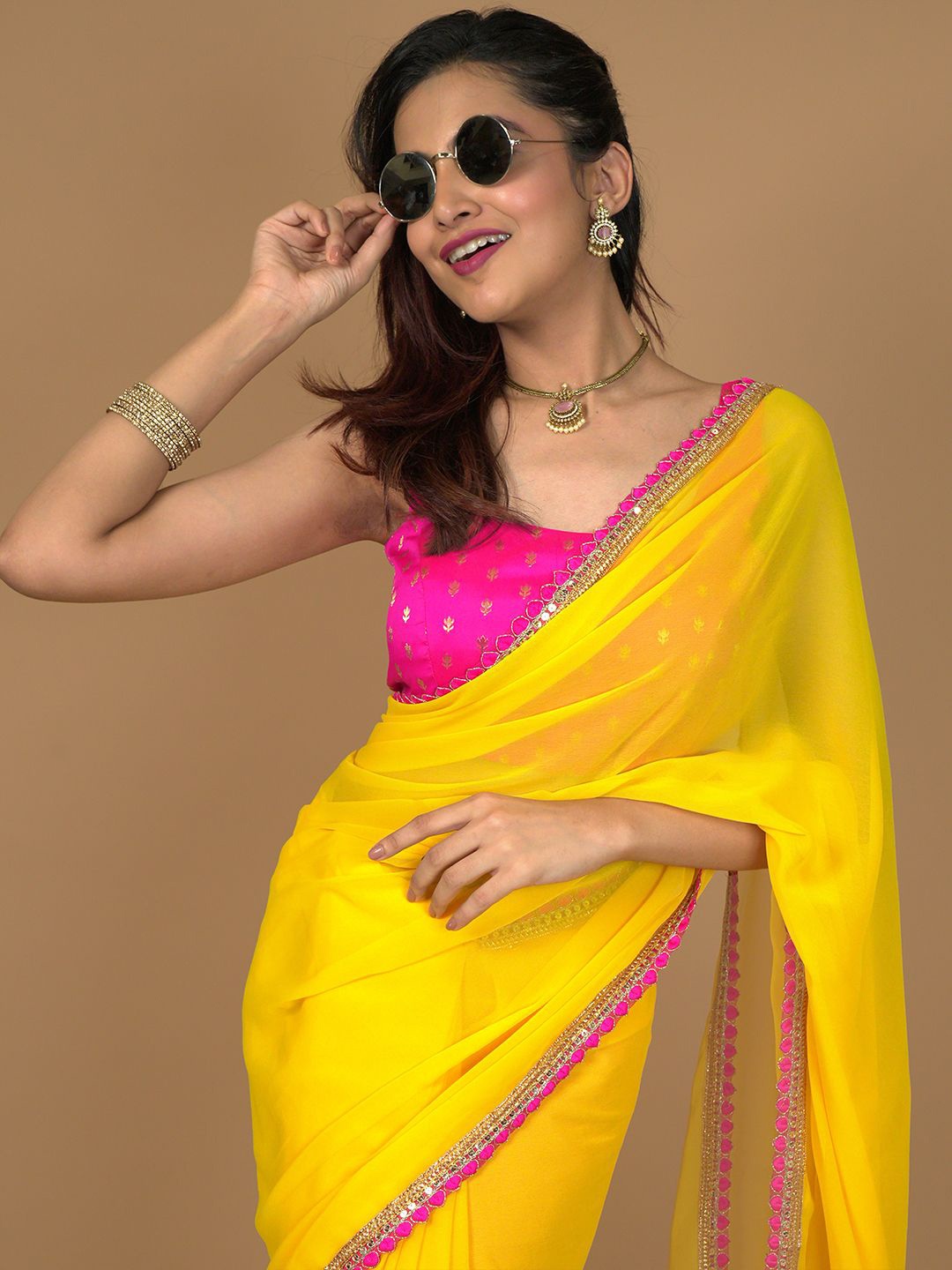

HELLA FASHIONS Embroidered Sequinned Saree With Unstitched Blouse Piece, Yellow